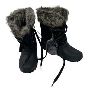 Khombu Size 9 Boots Black Leather Lace Up Faux Fur Side Zip Winter Mid Calf‎ NWT